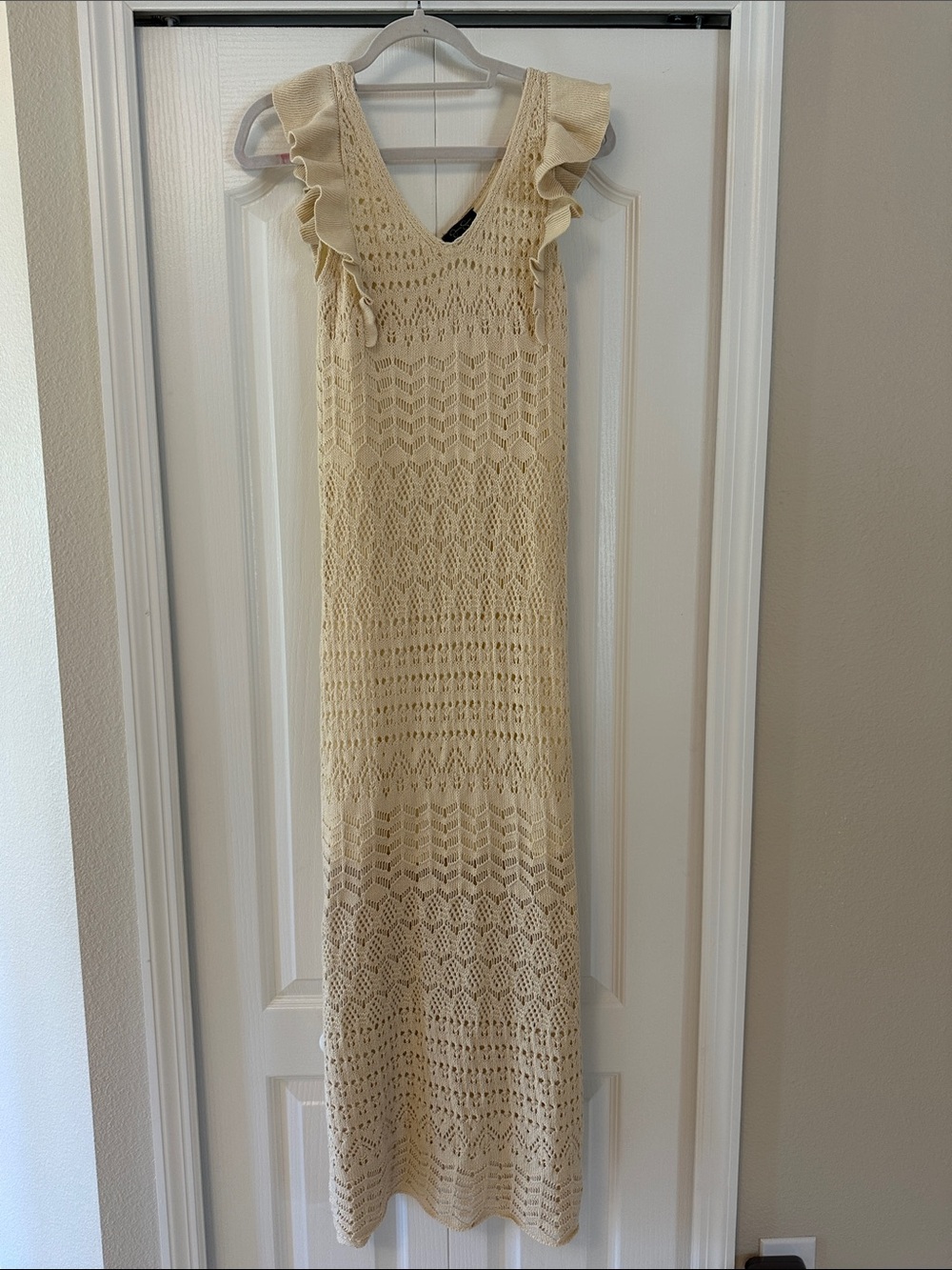 Jessica Simpson Cream Crochet Maxi Dress with Ruffle Shoulders